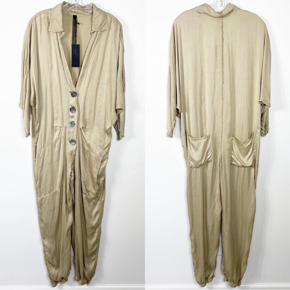 Jaga Jaclyn Distressed Slouchy Fringe Lightweight Jumpsuit Size Medium NWT Gold